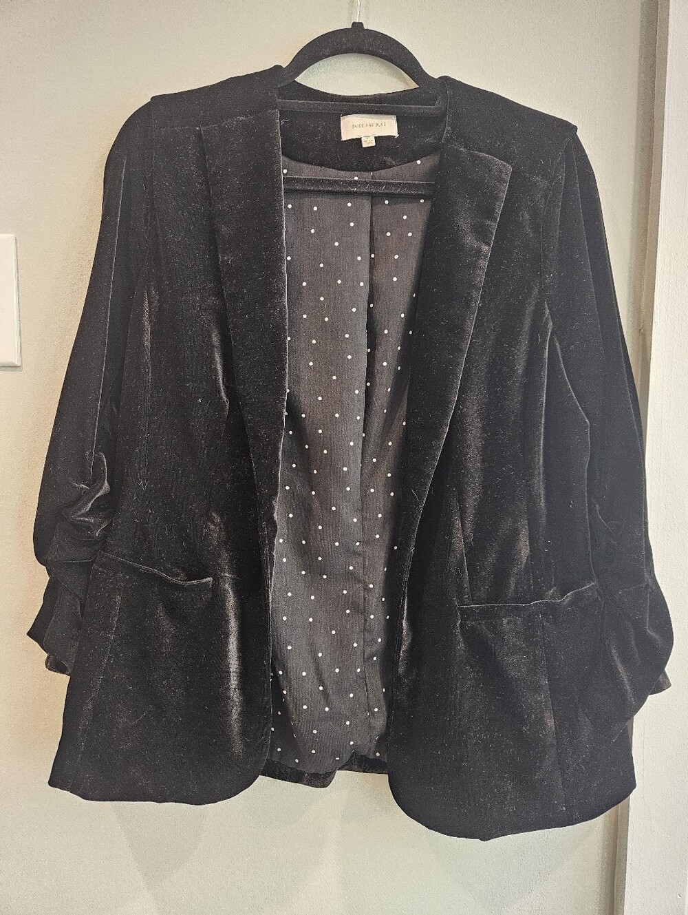 Black Velvet Blazer With Polka Dot Lining